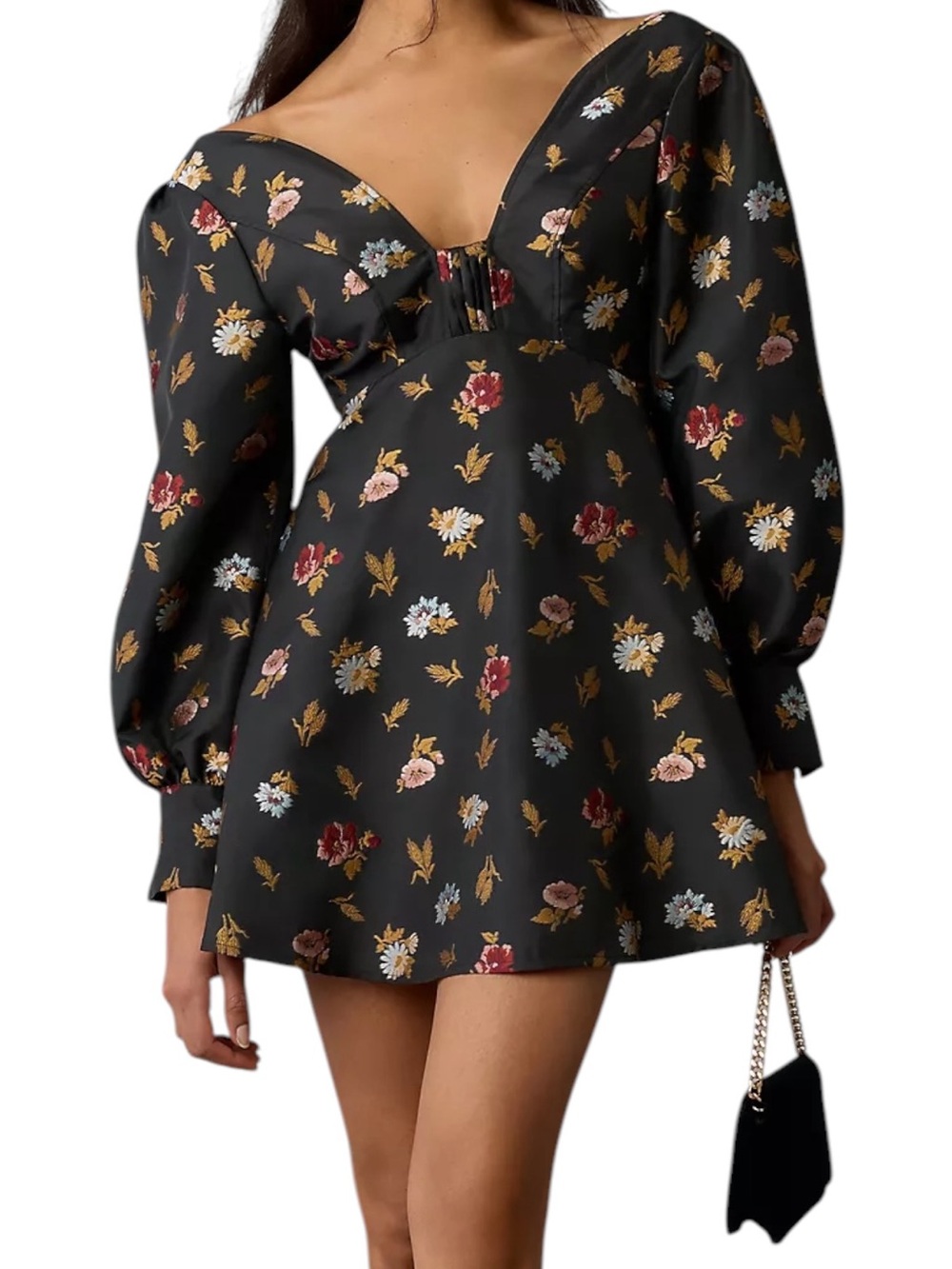 Maeve Anthropologie Black Floral Sculpted V Neck A Line Long Sleeve Mini Dress